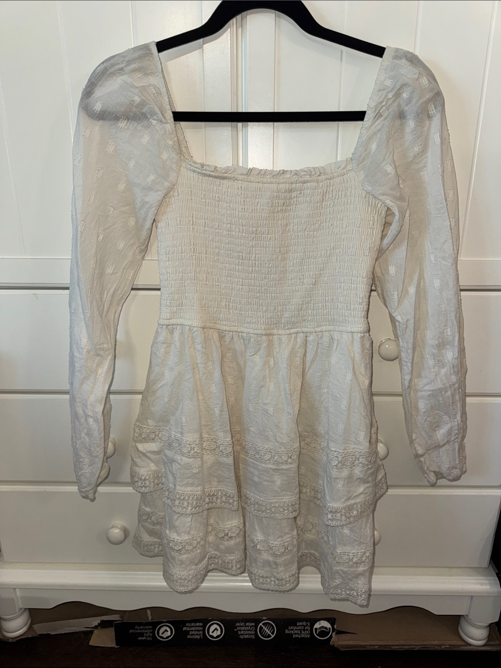 Altar'd State Ivory Smocked Square-Neck Long Sleeve Tiered Dress
